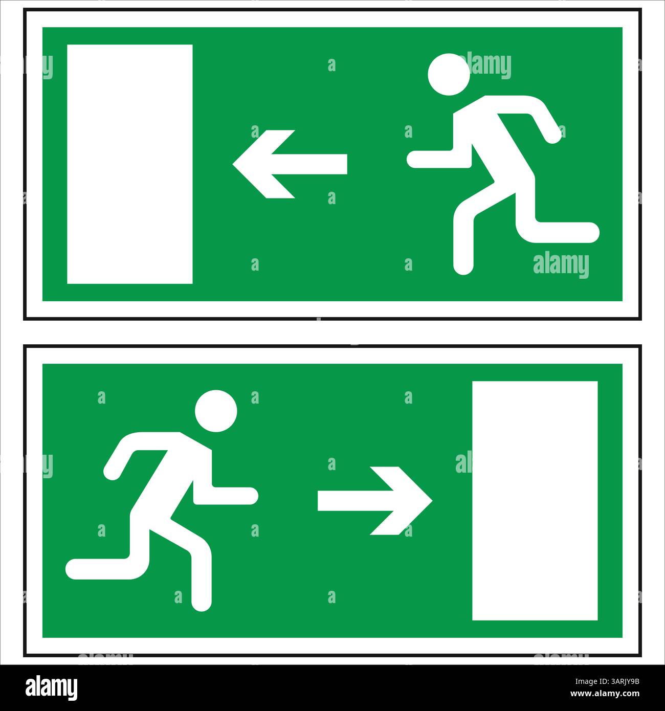 Segnali verdi di uscita di emergenza che indicano le vie di fuga con la persona che corre e le frecce Illustrazione Vettoriale