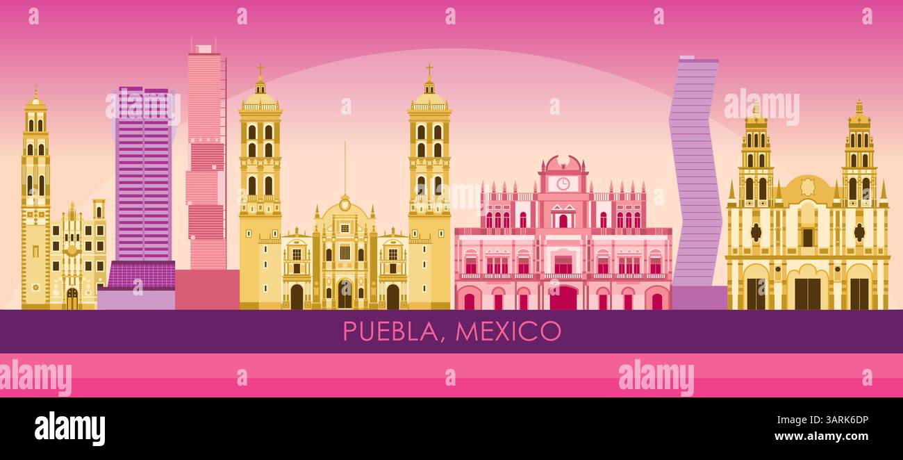 Panorama dello skyline del tramonto della città di Puebla, Messico - illustrazione vettoriale Illustrazione Vettoriale