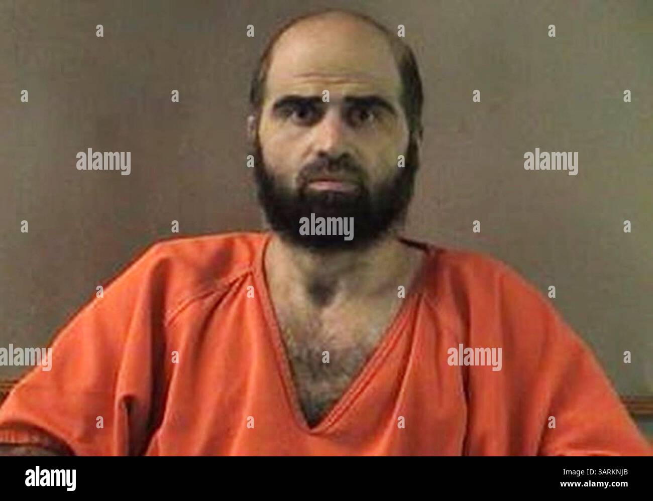 28 agosto 2013 - Fort Hood, Texas, Stati Uniti - Una giuria militare ha condannato a morte il maggiore Nidal Malik Hasan per la sparatoria di massa a Fort Hood quattro anni fa che ha ucciso 13 persone e ferito più di 30 persone. NELLA FOTO: Questa foto non datata fornita dal Dipartimento dello sceriffo della contea di Bell mostra NIDAL HASAN, lo psichiatra dell'esercito condannato a 2009 metri di distanza. La furia di colpi di Hood ha causato 13 morti e più di 30 feriti. (Immagine di credito: © Bell County Sheriff's Department/ZUMAPRESS.com) Foto Stock