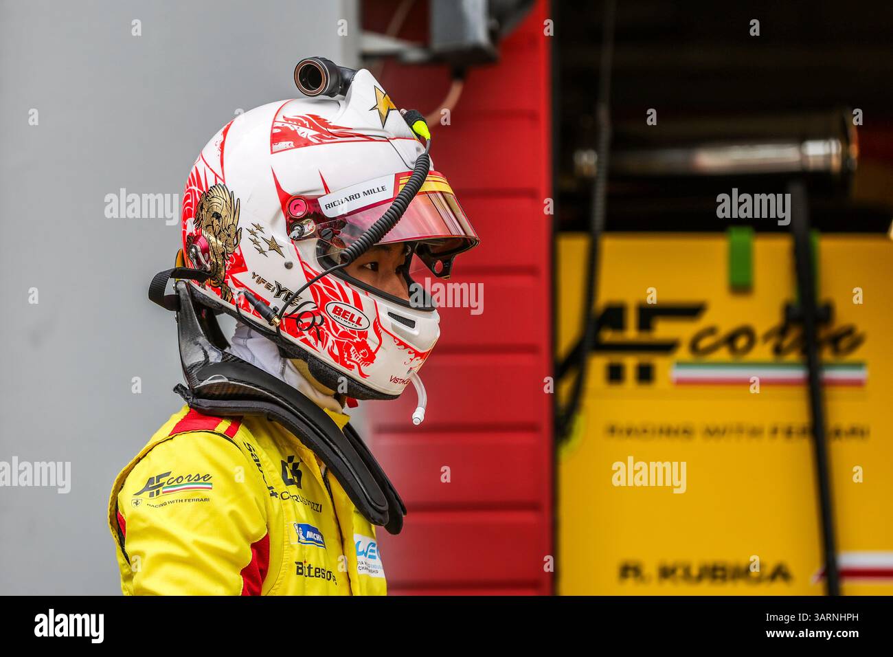 Imola, Italia, 17 aprile 2025,#83 AF Corse (ITA) Ferrari 499P (Hypercar) guidata da Yifei Ye (CHN), durante la 6 ore di Imola, il secondo round del campionato 2025 FIA WEC, all'autodromo Enzo & Dino Ferrari di Imola, Italia, dal 16 al 20 aprile 2025. Crediti: Kristof Vermeulen Photography/Alamy Live News Foto Stock