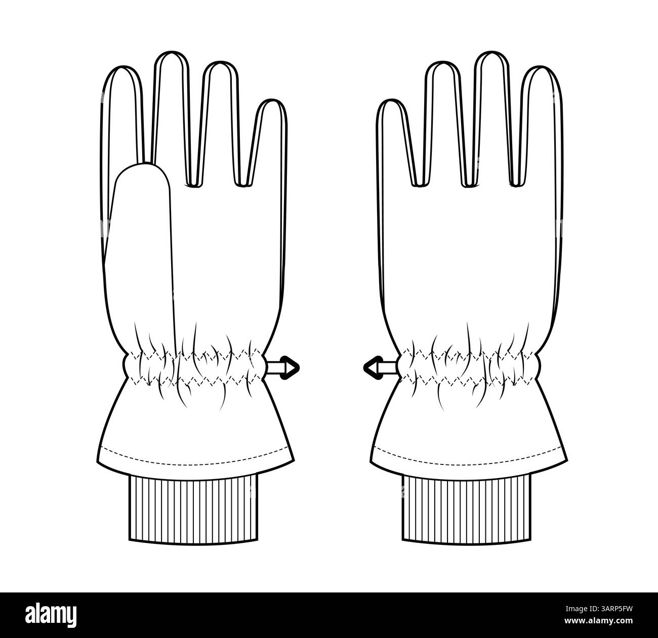 Guanti da sci Igloos con polsino in maglia Insulated Core Fashion accessorio per mano abbigliamento indumento per illustrazione tecnica. Vettoriale per uomo, donna, modello piatto in stile unisex contorno di mockup CAD su sfondo bianco Illustrazione Vettoriale