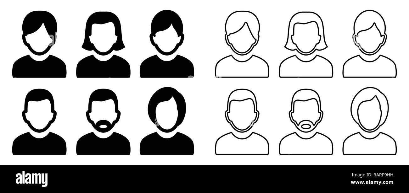 Questa immagine presenta una collezione diversificata di silhouette umane che mostrano diverse acconciature e rappresentazioni di genere in bianco e nero. Ideale per d Illustrazione Vettoriale