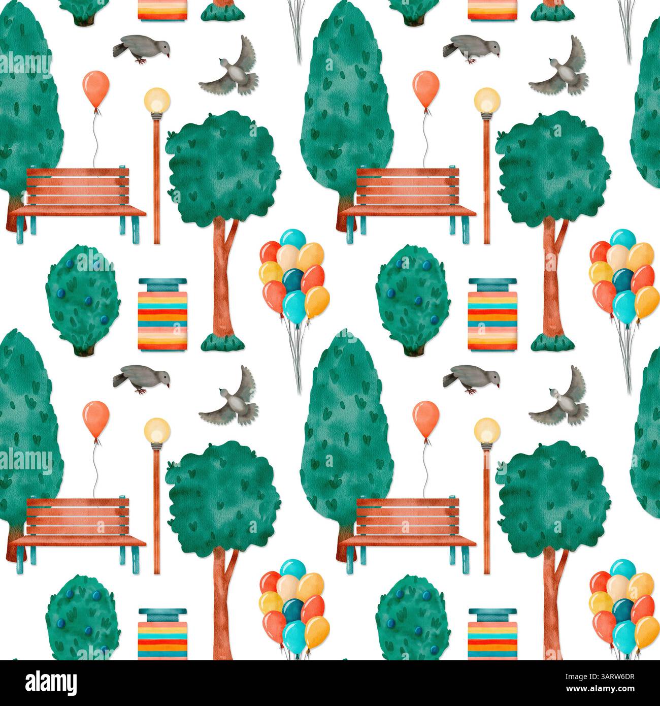 Una vivace illustrazione di alberi colorati, panchine accoglienti, palloncini e uccelli vivaci in un delizioso parco. Disegno ad acquerello a mano senza cuciture su sfondo bianco. Foto Stock