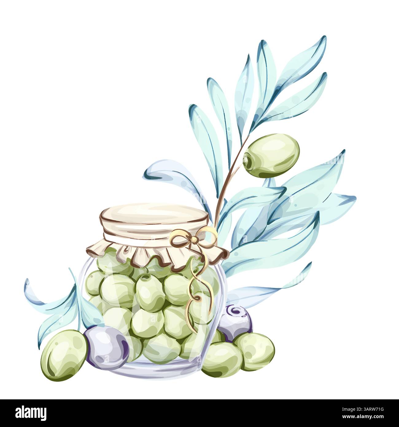 Illustrazione di olive e olio d'oliva che mostrano la bellezza della cucina italiana e della natura con la tecnica dell'acquerello Illustrazione Vettoriale