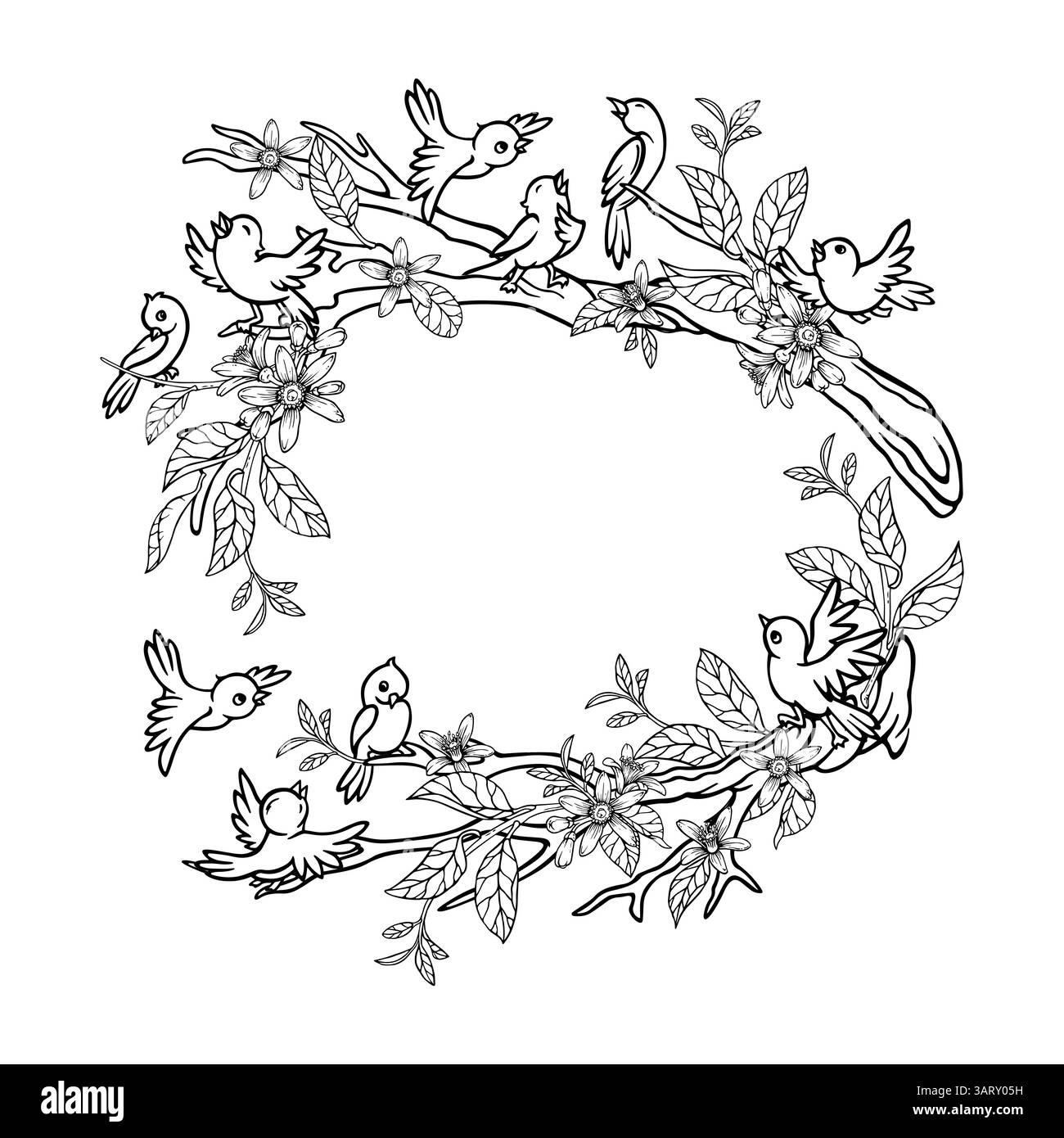Cornice primaverile di piccoli uccelli sul ramo fiorito dell'albero. Arrotondare il bordo con il posto per il testo. Composizione della stagione disegnata a mano per cartolina o copertina Illustrazione Vettoriale
