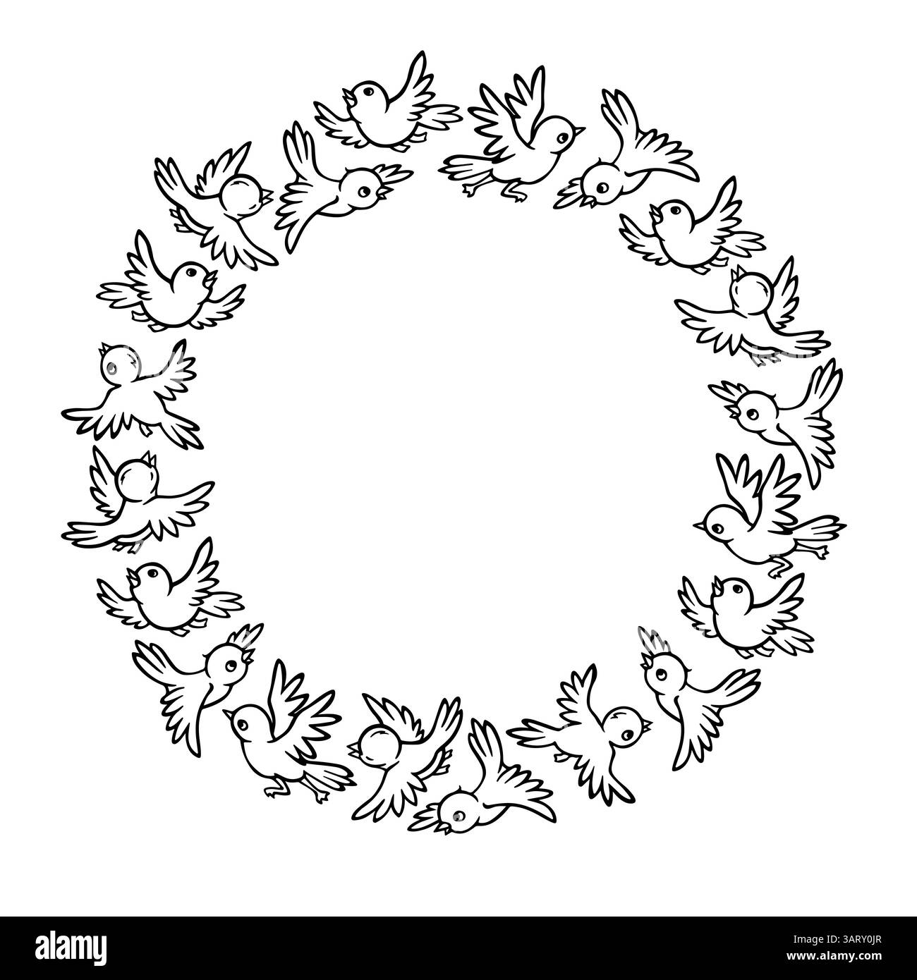 Cornice rotonda di piccoli uccelli cartoni animati che volano in diverse direzioni. Illustrazione del contorno in bianco e nero con spazio per il testo al centro per la cartolina Illustrazione Vettoriale
