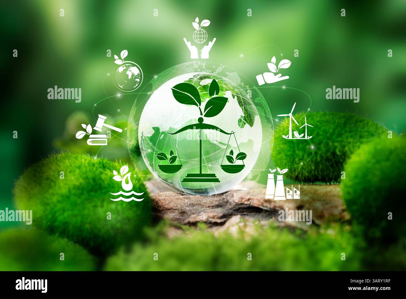 Concetto di diritto ambientale internazionale. Giustizia climatica o ambientale. Normative ambientali per aziende e industrie sostenibili. Foto Stock