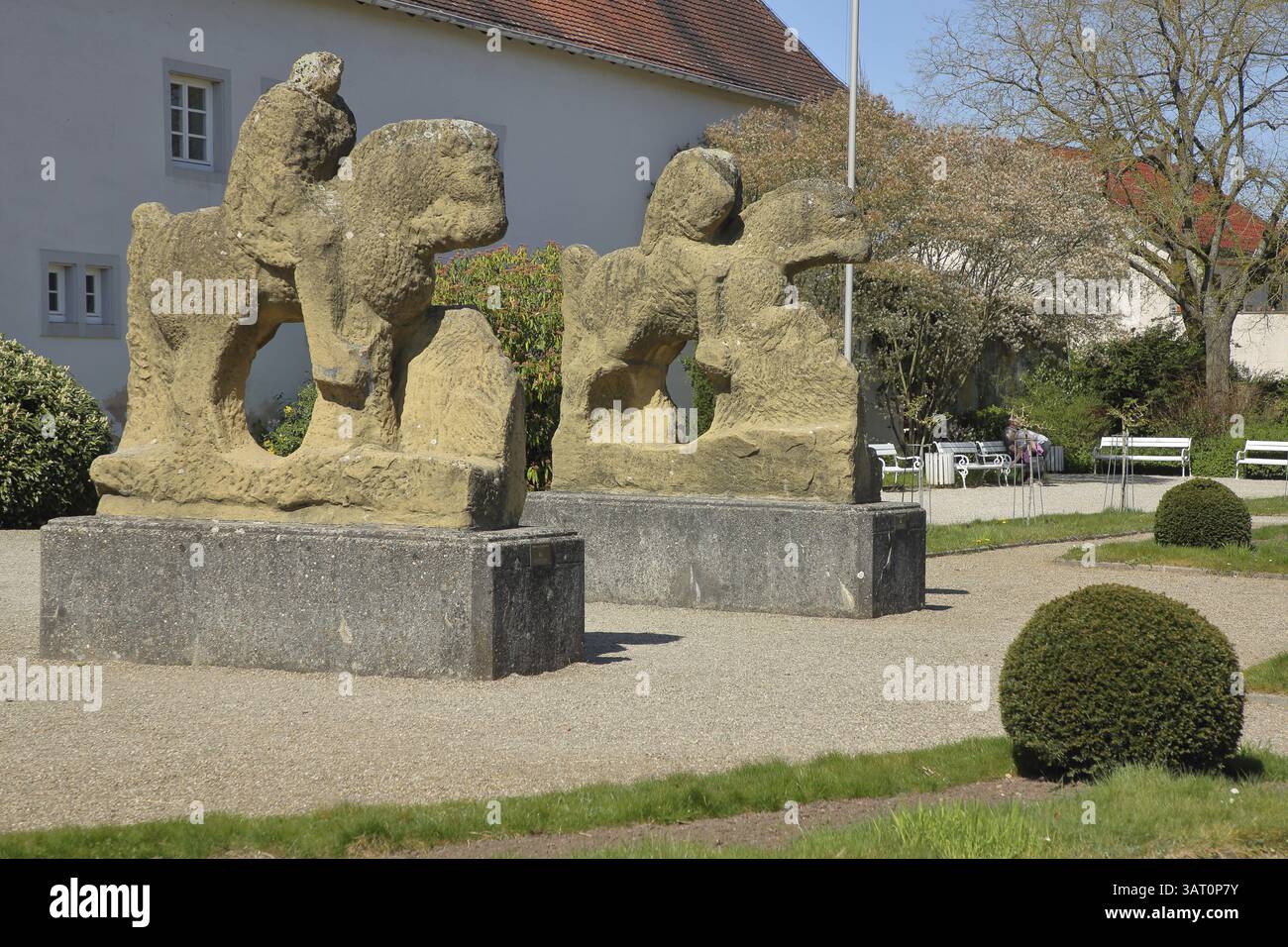 Due statue equestri romane, antica figura equestre, sculture, museo romano, museo all'aperto, museo romano, Schwarzenacker, Homburg, Saarland, G. Foto Stock
