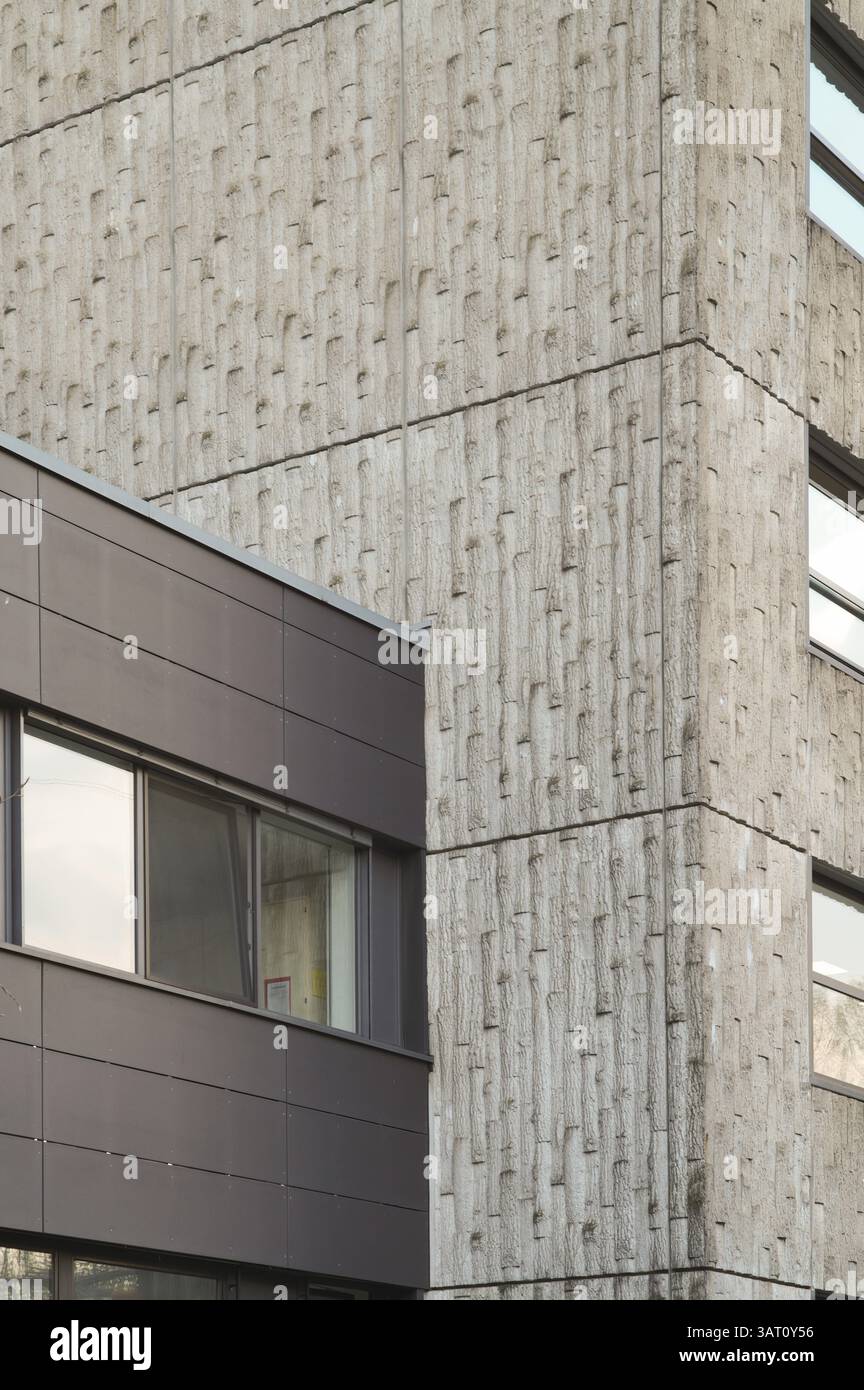 Moderna facciata grigia scura accostata a una brutale parete di cemento grigio chiaro, che mette in mostra stili architettonici e texture contrastanti Foto Stock