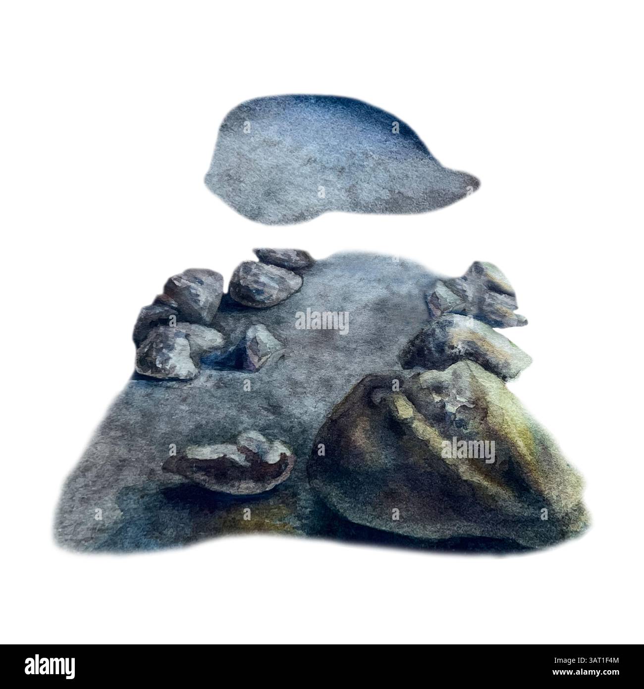 Illustrazione ad acquerello di vari elementi rocciosi, grotte, massi, sentieri e trame del terreno. Dipinto a mano in tonalità terrose. Ideale per la progettazione di giochi, f Foto Stock