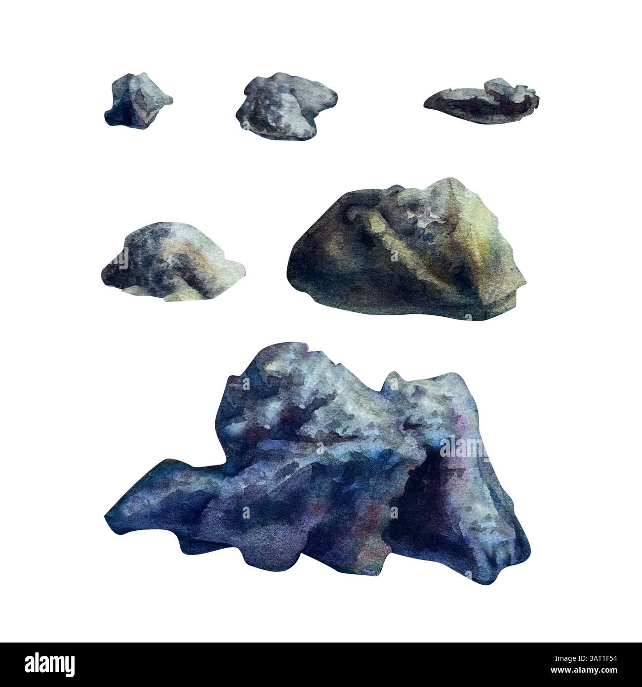 Illustrazione ad acquerello di vari elementi rocciosi, grotte, massi, sentieri e trame del terreno. Dipinto a mano in tonalità terrose. Ideale per la progettazione di giochi, f Foto Stock