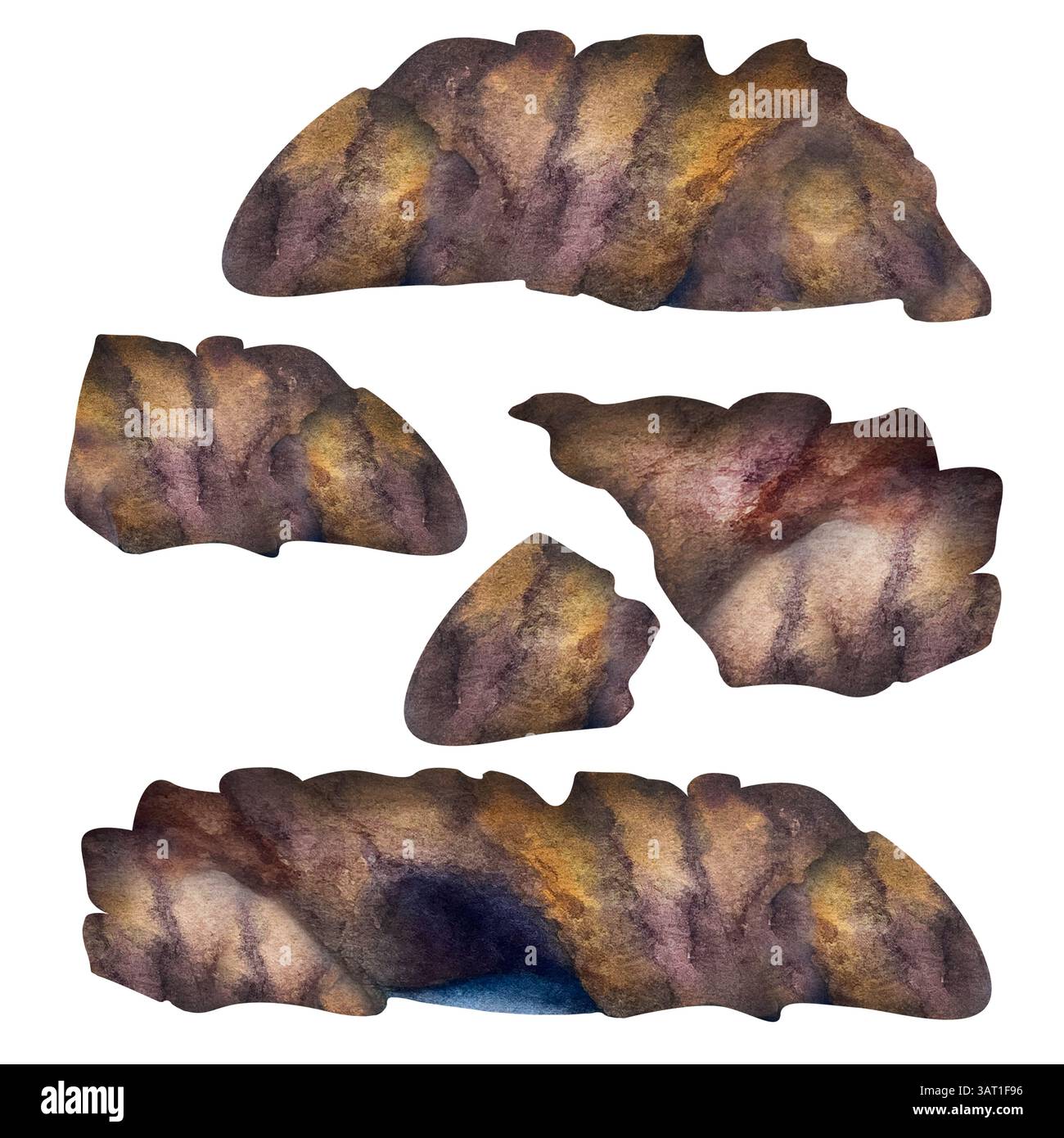 Illustrazione ad acquerello di vari elementi rocciosi, grotte, massi, sentieri e trame del terreno. Dipinto a mano in tonalità terrose. Ideale per la progettazione di giochi, f Foto Stock