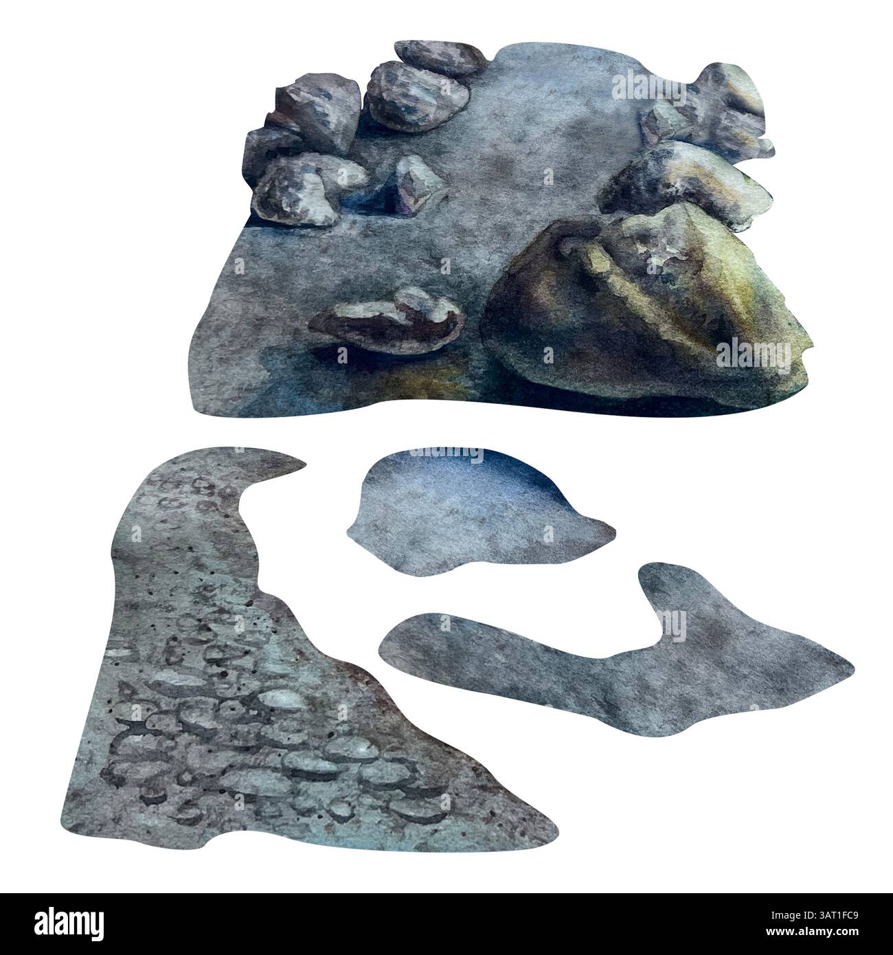 Illustrazione ad acquerello di vari elementi rocciosi, grotte, massi, sentieri e trame del terreno. Dipinto a mano in tonalità terrose. Ideale per la progettazione di giochi, f Foto Stock