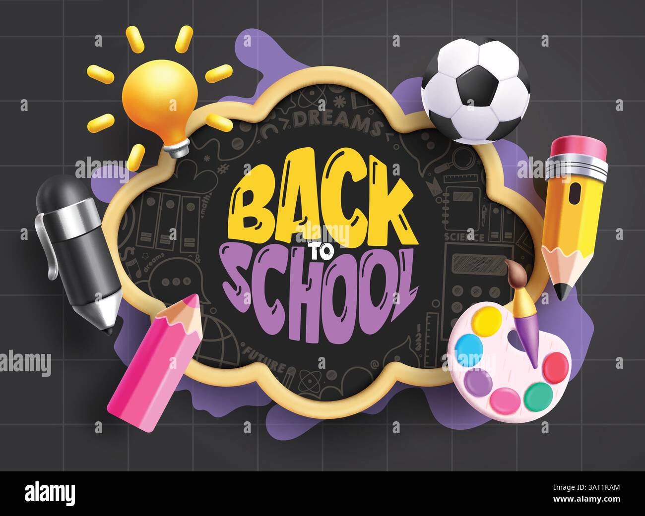 Design modello clipart di saluto Back to School. Clip art di testo per il saluto scolastico in uno spazio nuvola nero e sfondo con linee griglia in 3d Educational Illustrazione Vettoriale