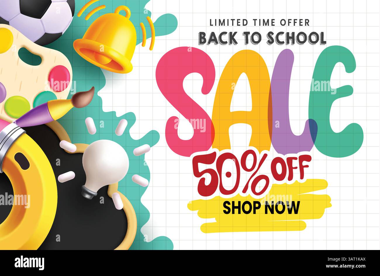 Design banner clipart Back to School. Offerta scolastica sconto del 50% sconto speciale clip art in griglia spazio abstract background con formazione Illustrazione Vettoriale
