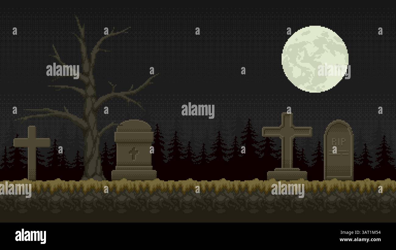 Luogo del gioco del cimitero pixel art. Paesaggio vettoriale di cimitero notturno con lapidi, creste, alberi e luna Illustrazione Vettoriale Luogo del gioco del cimitero pixel art. Paesaggio vettoriale di cimitero notturno con lapidi, creste, alberi e luna Illustrazione Vettoriale
