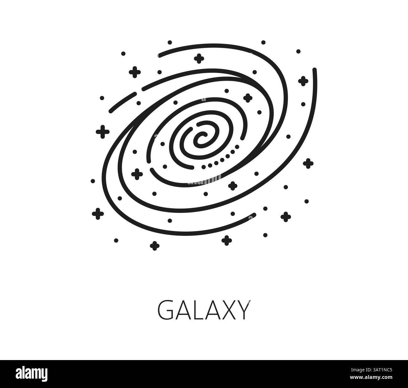 Icona di linea spaziale di una galassia vorticosa con bracci a spirale e stelle sparse. Il simbolo lineare monocromatico vettoriale rappresenta l'esplorazione cosmica stellare, spac Illustrazione Vettoriale