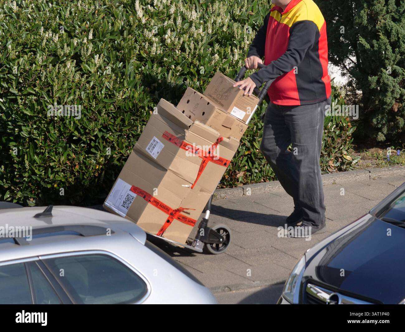 DHL Paketfahrer bei der Auslieferung. DHL *** corriere DHL consegna DHL Foto Stock