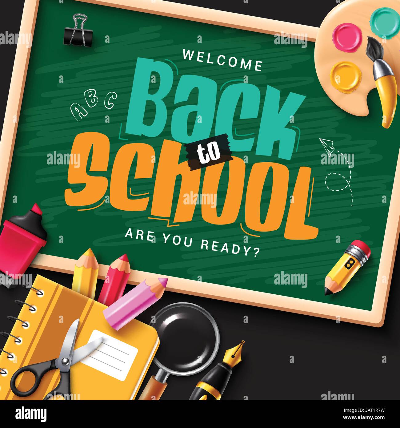 Design del poster degli appunti della lavagna di benvenuto Back to School. Testo colorato per la scuola con clip art in legno verde da tavola con materiale didattico come un notebook Illustrazione Vettoriale