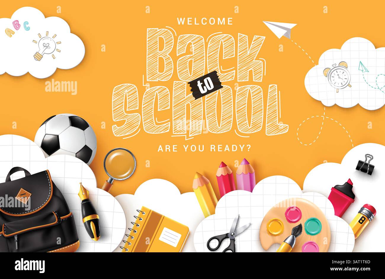 Bentornato a scuola il design dello sfondo degli appunti. Testo del saluto scolastico su sfondo giallo clip art con stile taglio carta nuvole Illustrazione Vettoriale