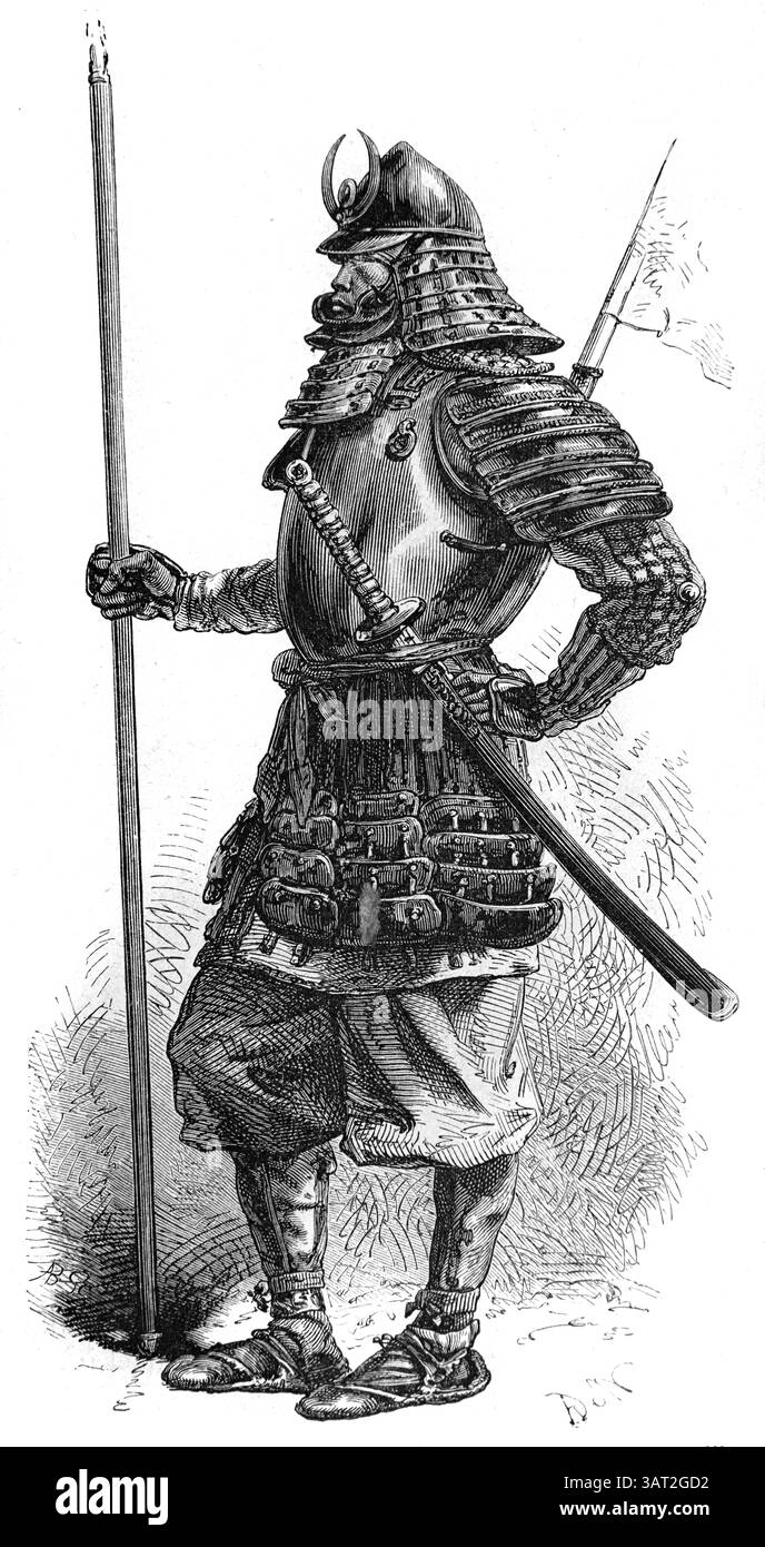 Lancer, Soldier, Warrior o Samurai giapponesi che indossano l'armatura o l'armatura del corpo e tengono in mano una lancia. Vintage ofr Historic Illustration or Engraving 1866 Foto Stock