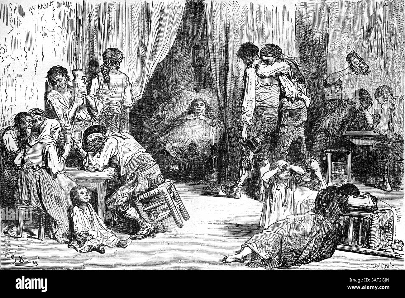 Zingaro Wake, letto di morte o lutto dopo la morte di un parente tra gli zingari o la comunità rom nel distretto di Triana o sobborgo di Siviglia Spagna. Incisione vintage o storica o illustrazione di Gustave Doré 1866 Foto Stock