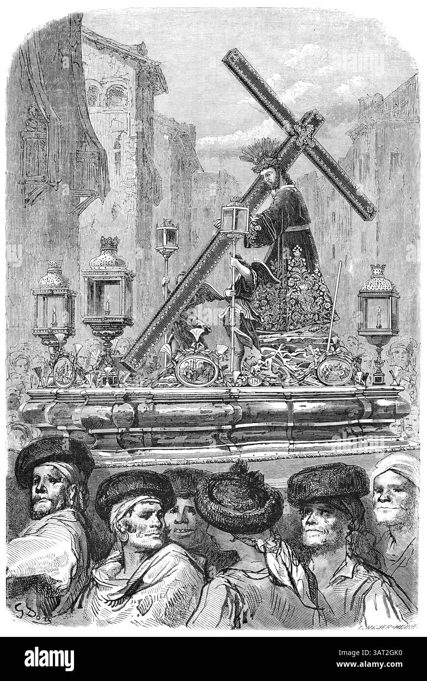 Processione religiosa con Paso o Float durante la settimana Santa o Pasqua a Siviglia Span. Incisione vintage o storica o illustrazione di Gustave Doré 1866 Foto Stock