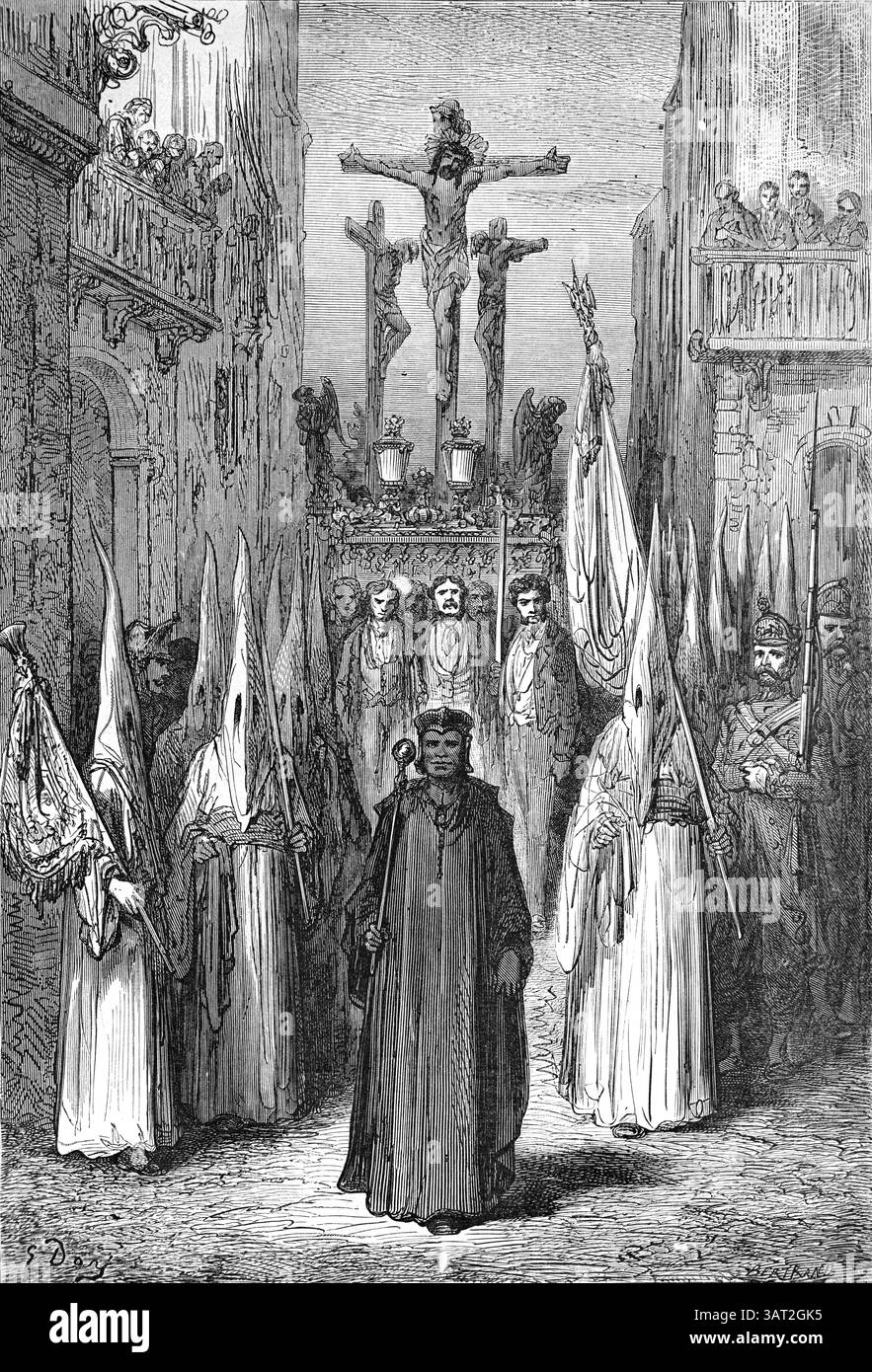 Penitenti bianchi durante una processione religiosa con Paso o Float durante la settimana Santa o Pasqua a Siviglia Span. Incisione vintage o storica o illustrazione di Gustave Doré 1866 Foto Stock