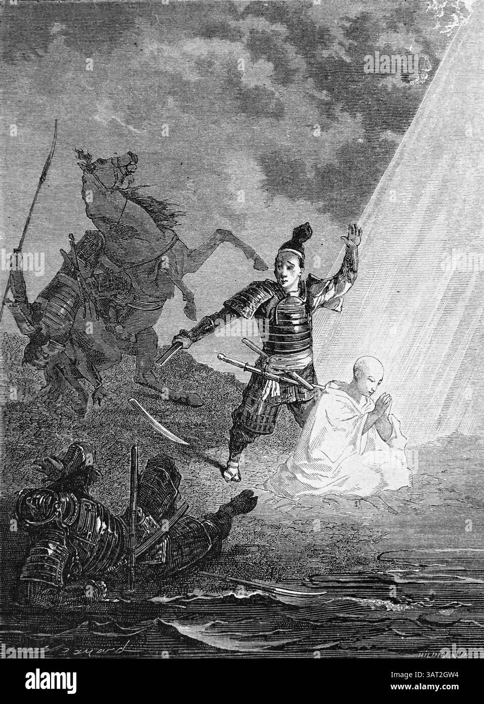 Miracolo buddista che ritrae il monaco buddista che sfida il male e la decapitazione basata sul buddista giapponese o shintoista Print Japan. Illustrazione o incisione vintage o storica 1866 Foto Stock