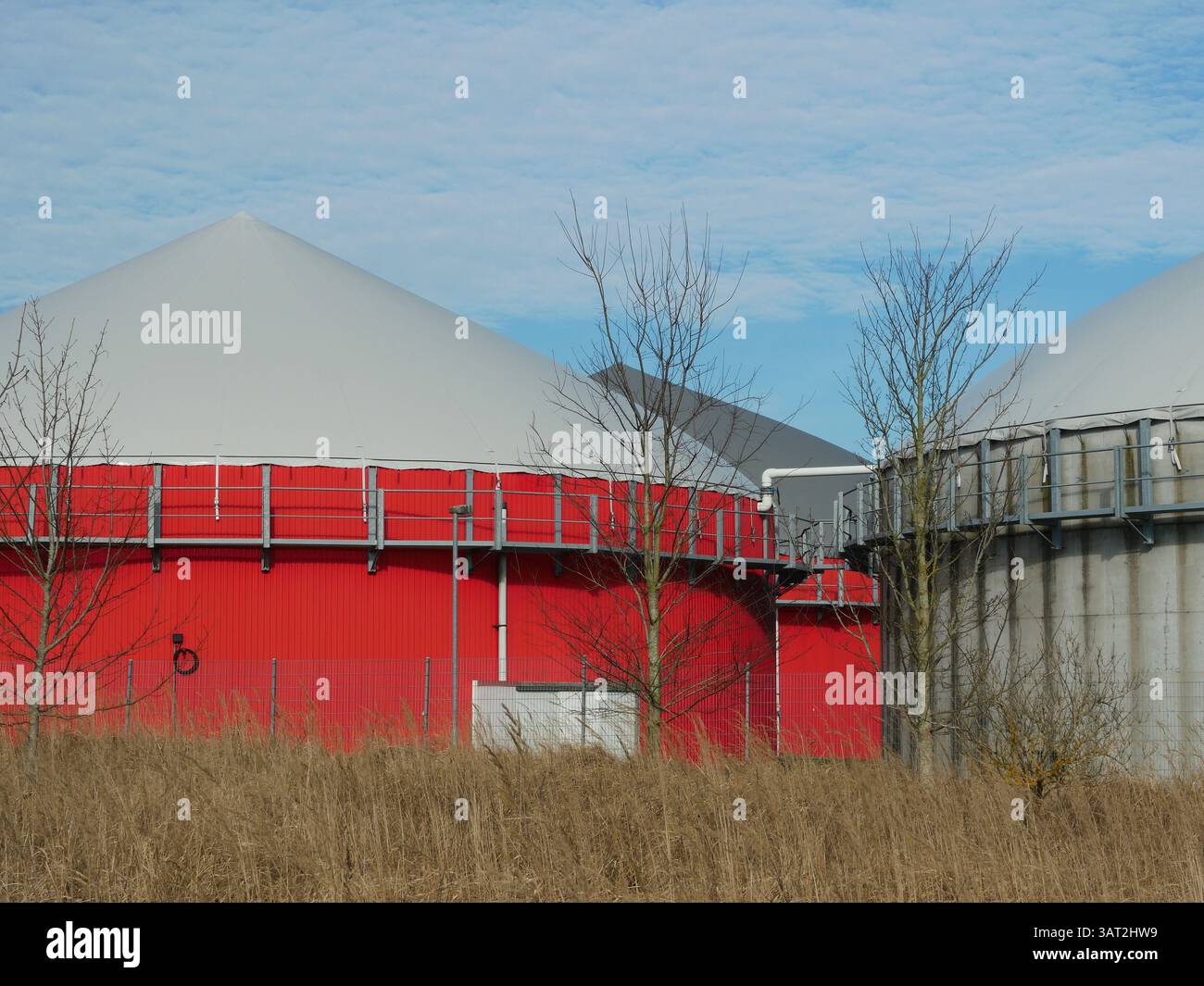 Un impianto di biogas con serbatoi in calcestruzzo precompresso e tetti con supporto d'aria rosso-grigio in un'area industriale, energia sostenibile dalla biomassa per gli ambientalisti Foto Stock