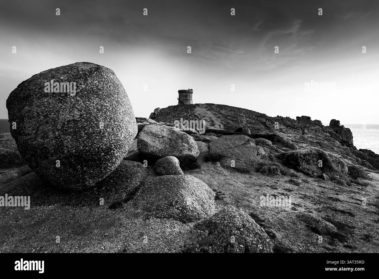 Omigna torre genovese, nella macchia corsa, Cargèse, Corsica, Francia. Tipica torre nel percorso turistico sulla costa mediterranea corsa. Foto Stock