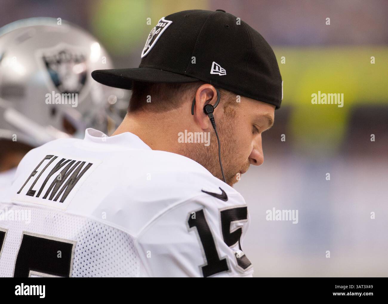 8 settembre 2013 - Indianapolis, IN, Stati Uniti d'America - 8 settembre 2013: Quarterback degli Oakland Raiders Matt Flynn (15) durante la partita tra gli Oakland Raiders e gli Indianapolis Colts al Lucas Oil Stadium di Indianapolis, IN. Gli Indianapolis Colts sconfissero gli Oakland Raiders 21-17. (Credit Image: © Aaron Doster/Cal Sport Media/ZUMAPRESS.com) Foto Stock