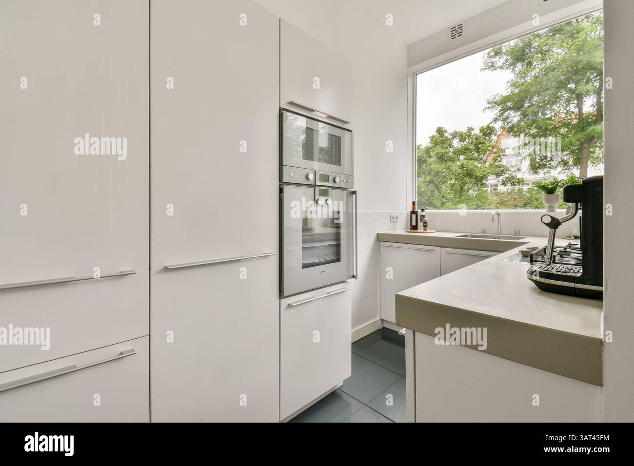 Cucina luminosa e spaziosa con eleganti mobili bianchi, elettrodomestici moderni e grandi finestre che rivelano il verde esterno, creando un ambiente di cottura sereno. Foto Stock