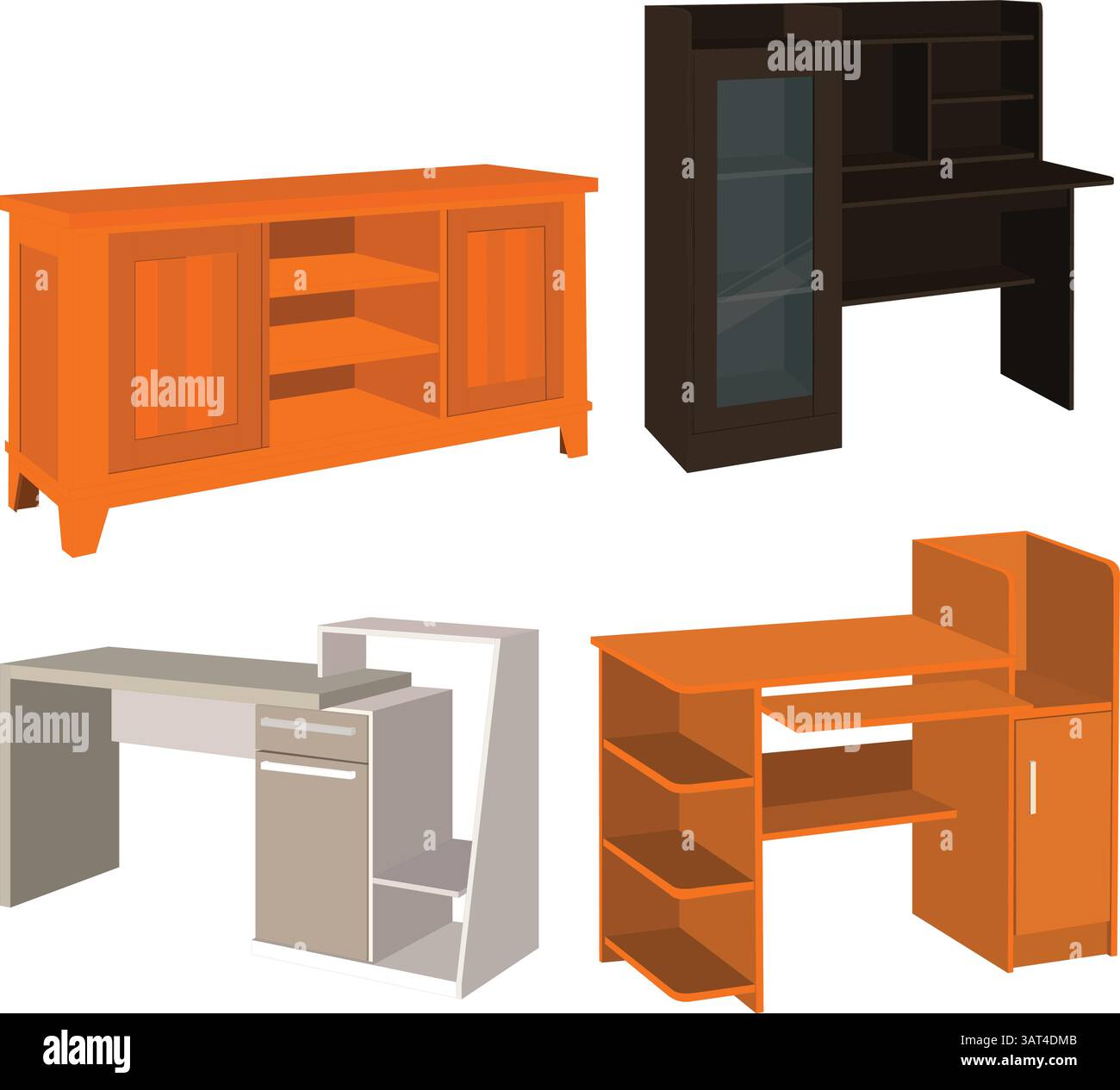 Selezione di varie scrivanie in legno per uso domestico o in ufficio. Collezione di scrivanie per animazioni di cartoni animati Illustrazione Vettoriale