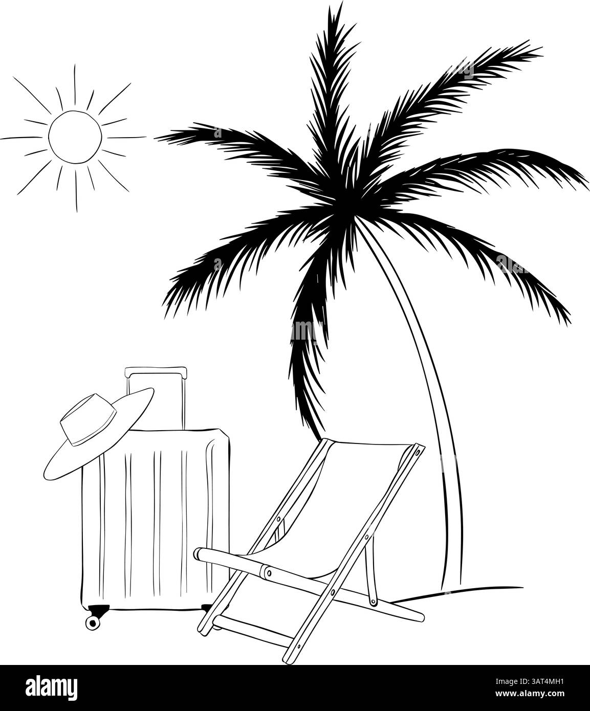Composizione viaggio palme da spiaggia, valigia, sole, cappello, sedia. Illustrazione dell'inchiostro con linee grafiche vettoriali. Banner icona relax vacanza, poster, confezione da imballaggio Illustrazione Vettoriale