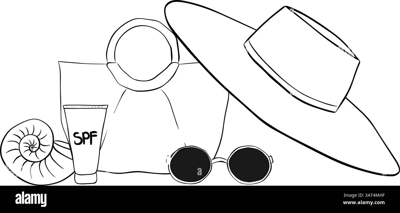 Borsa da spiaggia, cappello, occhiali da sole, crema SPF, composizione conchiglia. Linea grafica vettoriale con inchiostro gli indispensabili da spiaggia per una giornata perfetta al sole. Vacanze estive trav Illustrazione Vettoriale