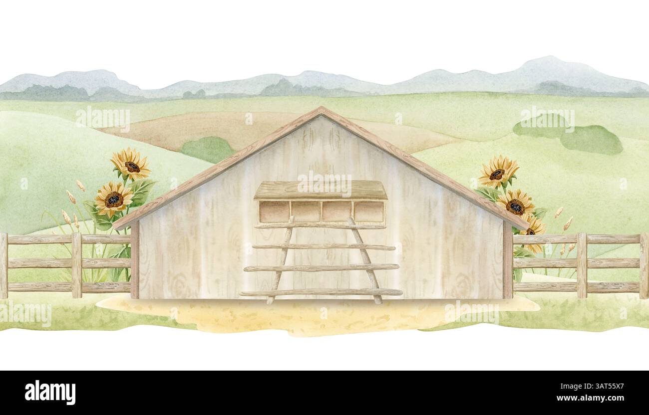 Paesaggio agricolo con coop di pollo, scala di prato, recinzione in legno e illustrazione ad acquerello di girasoli isolata su bianco. Pollaio rurale con Foto Stock
