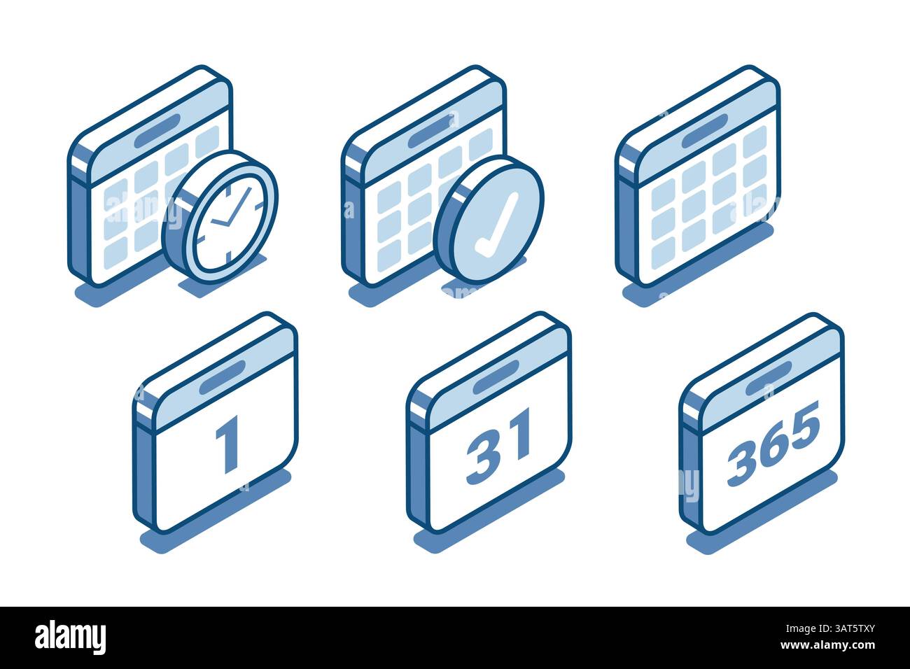 vettore isometrico imposta calendari icone lineari, a colori su sfondo bianco, ora o giorno lavorativo Illustrazione Vettoriale