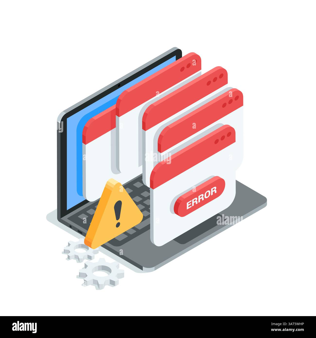 Laptop vettoriale isometrico e finestra a comparsa degli errori, a colori su sfondo bianco, errore critico di sistema o virus Illustrazione Vettoriale