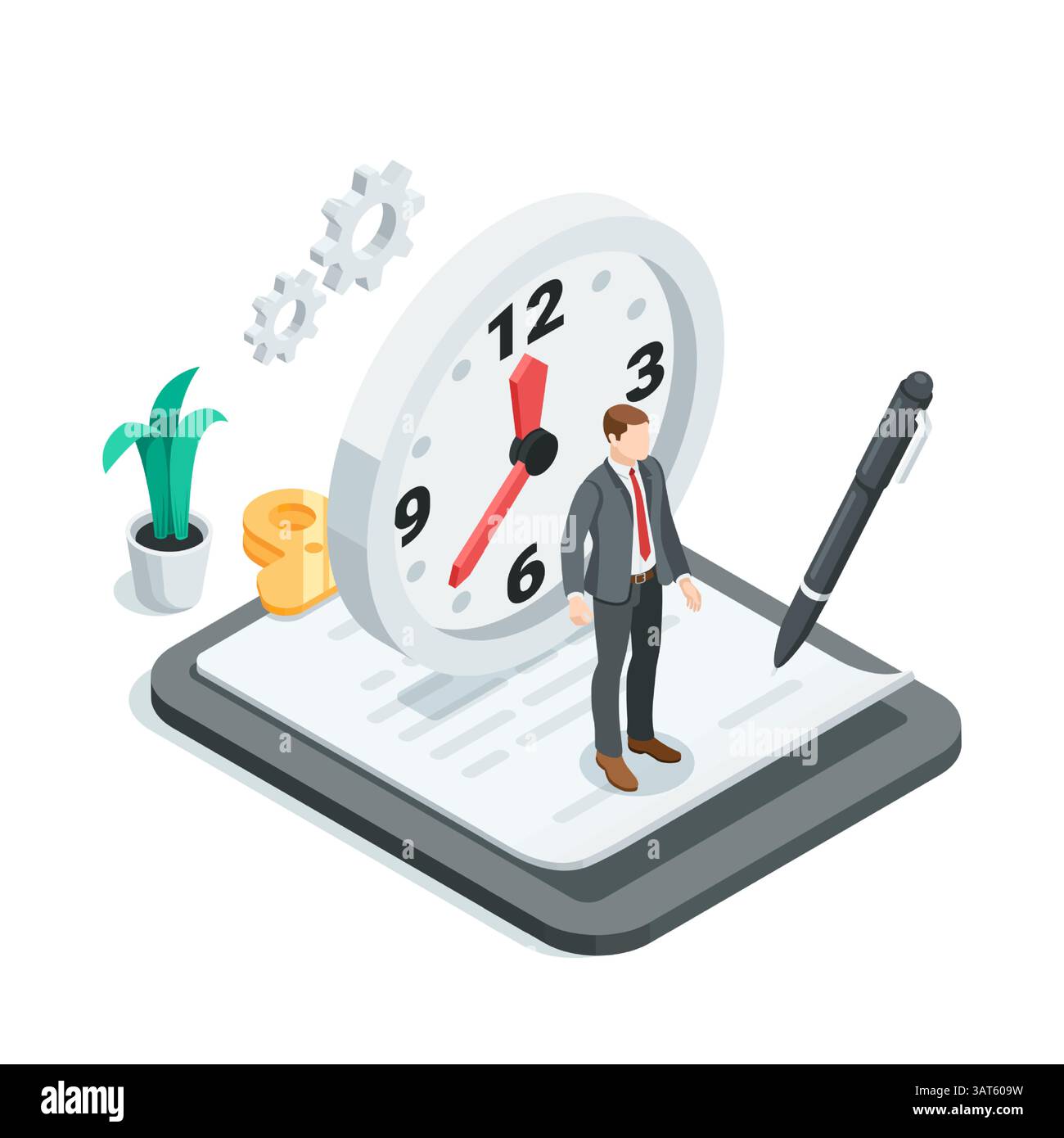 uomo d'affari vettoriale isometrico vicino all'orologio e tablet con documento, a colori su sfondo bianco, firma di un contratto o di un accordo temporaneo Illustrazione Vettoriale