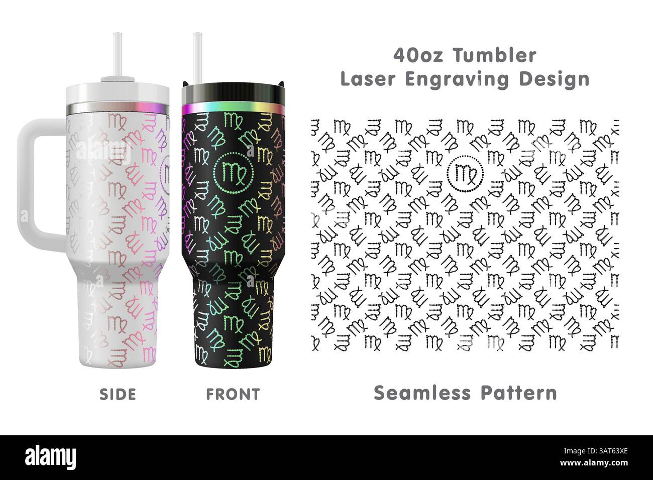 Design incisione laser con segni zodiacali Virgo per bicchiere da 40 once. Senza cuciture da bordo a bordo. Avvolgimento completo. Illustrazione vettoriale. Illustrazione Vettoriale