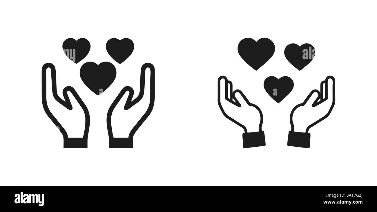 Mani e icone di cuore gentili, donazione e supporto grafica vettoriale Illustrazione Vettoriale