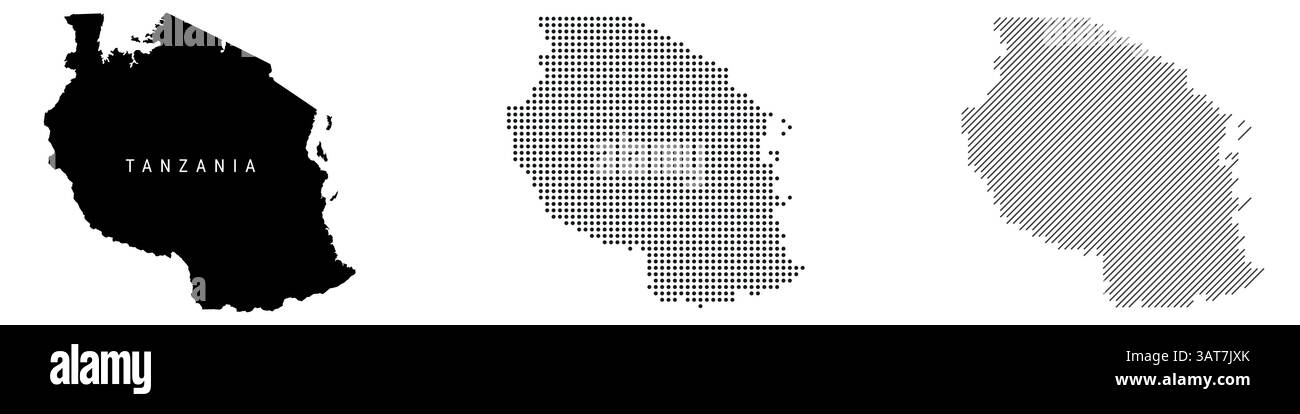 Mappa dettagliata della silhouette in Tanzania, motivo tratteggiato e motivo con linee parallele inclinate. Mappa stilizzata con texture tanzaniana. Illustrazione vettoriale isolata su Illustrazione Vettoriale