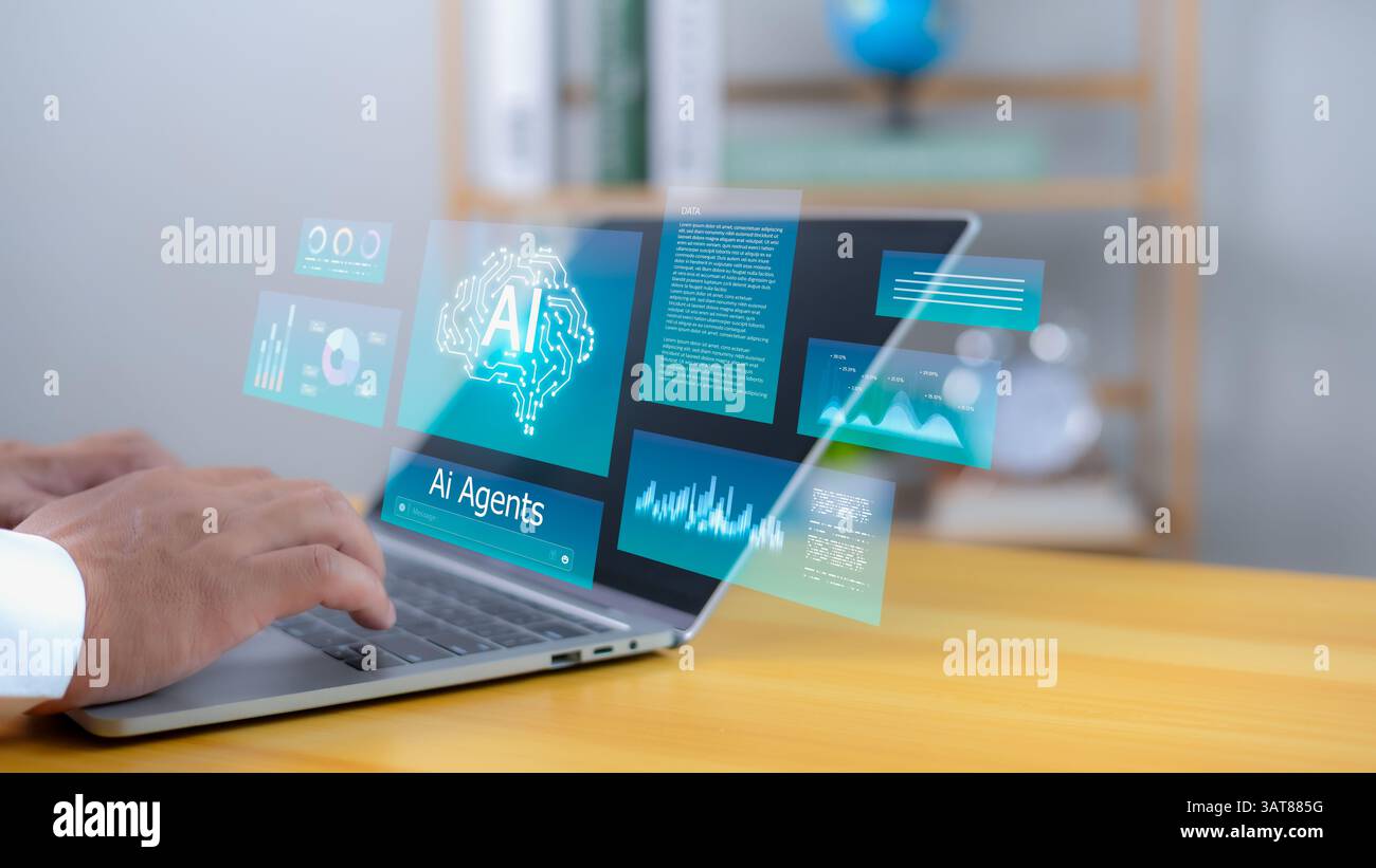 Agenti e assistenti AI, Human utilizza agenti ai su notebook e tablet per gestire cose importanti nella vita, Introduzione all'intelligenza artificiale e ai Foto Stock