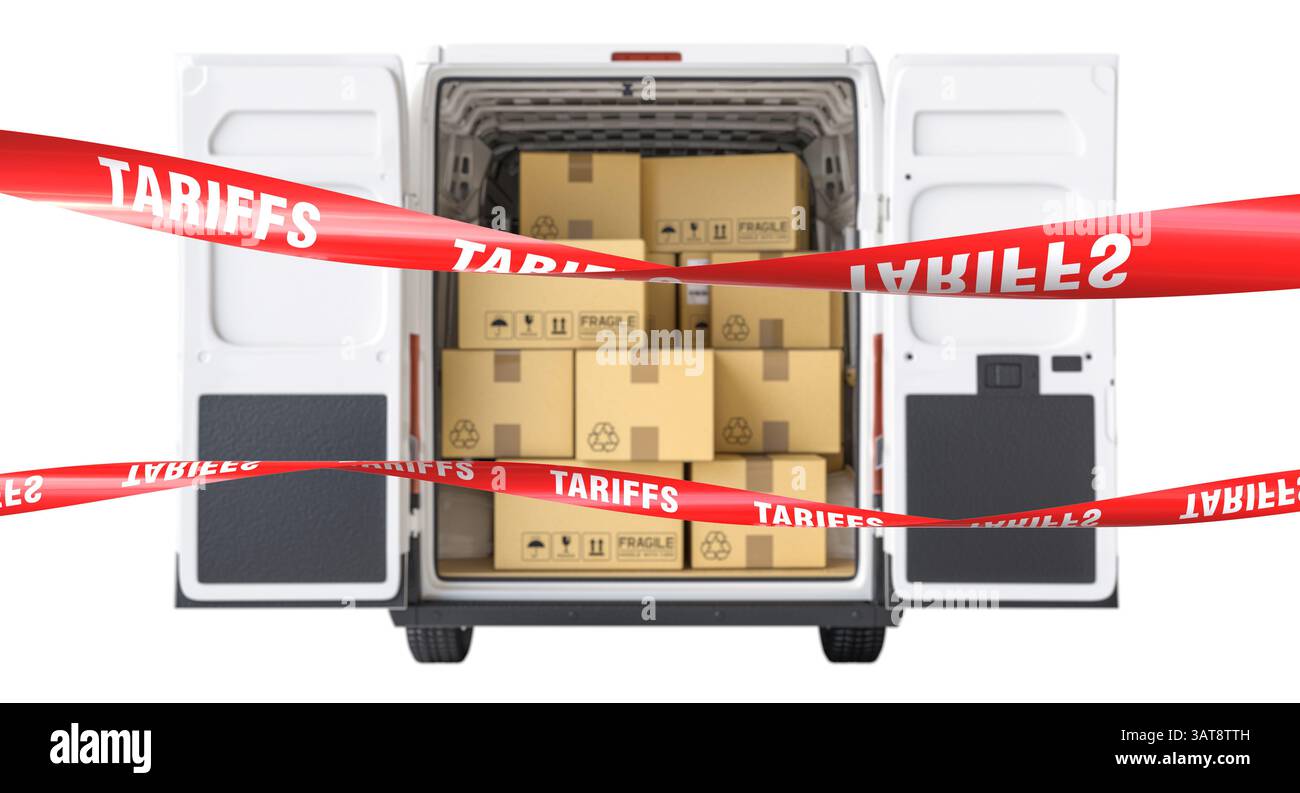 Furgone per consegne scatole di cartone complete tariffe nastro isolante 3d. Foto Stock