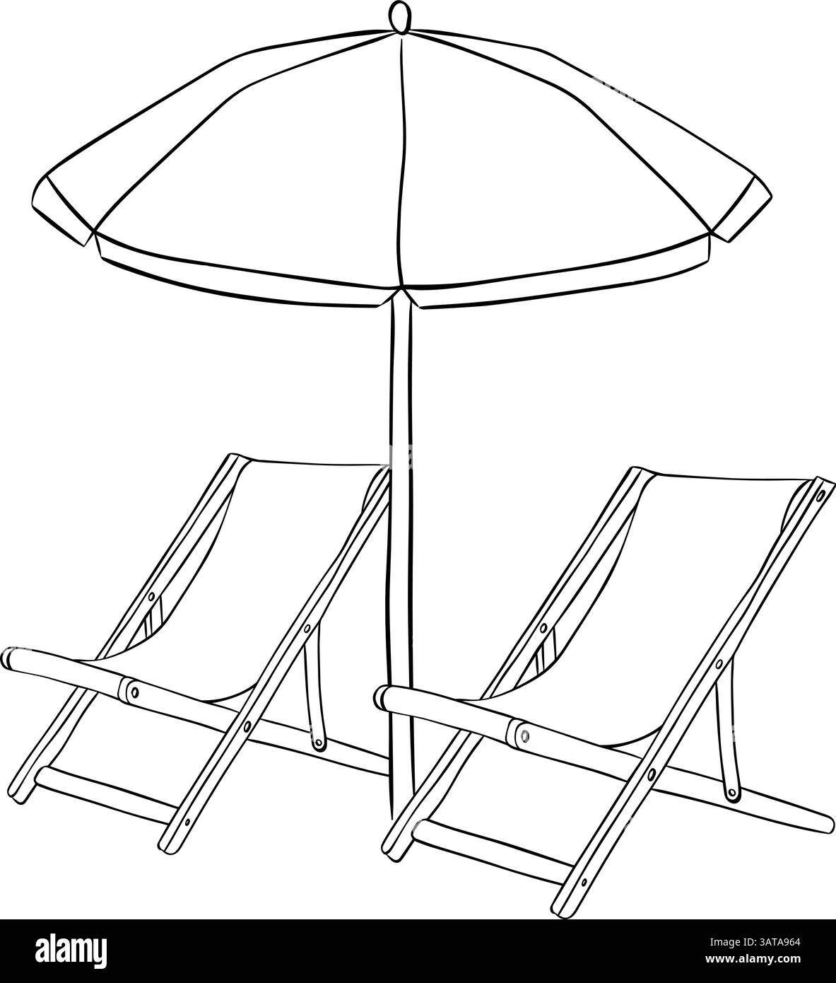 Ombrellone da spiaggia con due lettini, composizione grafica a linee d'inchiostro isolata su sfondo bianco. Ombrellone e sdraio, per pacchetto, vacanza Illustrazione Vettoriale