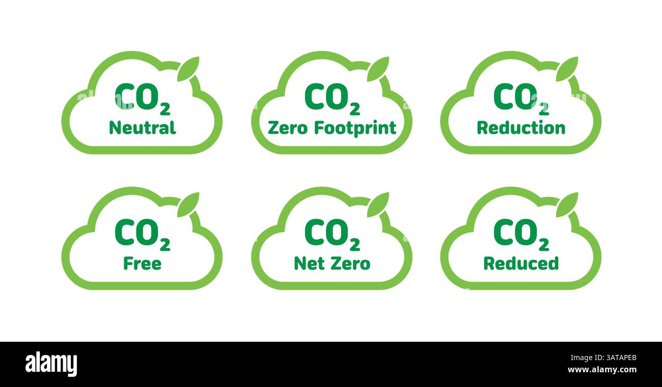 Etichette CO2 con simboli di nuvola verde che rappresentano la neutralità del carbonio riduzione delle emissioni a zero emissioni sostenibilità ambientale clima ecocompatibile Illustrazione Vettoriale
