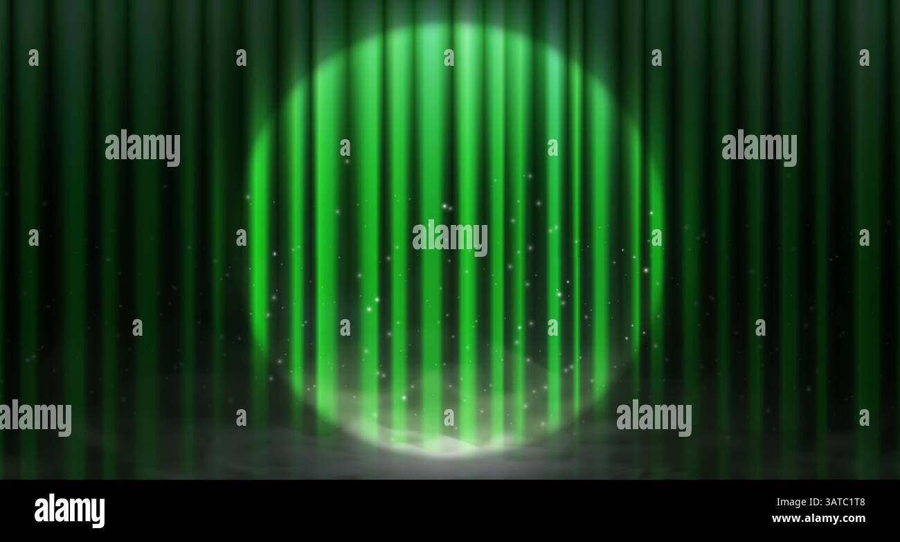 Lussuosa tenda verde con faretti e effetto nebbia su un palcoscenico elegante. Drappi, scintille e fumo realistici creano un'atmosfera suggestiva. Perfetto per concerti, opera, inaugurazione o promozione. Illustrazione Vettoriale