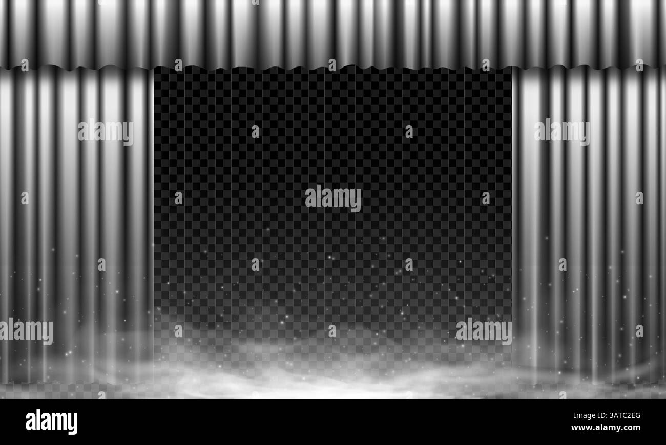Tenda da da palcoscenico nera aperta vintage con scintille, nebbia ed effetto luce. Eleganti tendaggi in velluto retrò su sfondo trasparente. Perfetto per il cinema, la première di film o la presentazione di premi. Bg vettoriale Illustrazione Vettoriale