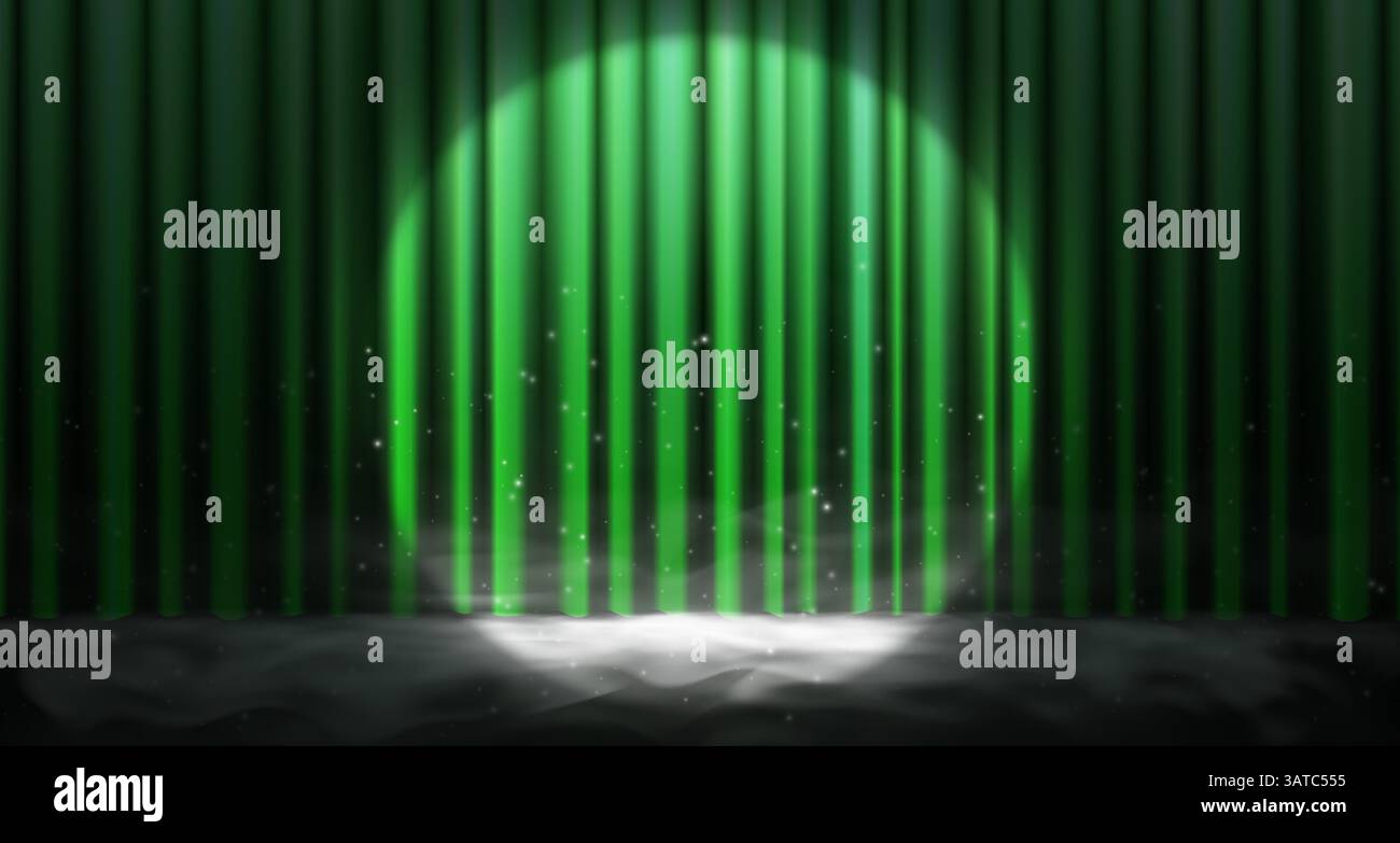 Lussuosa tenda verde con luce spot, effetti di fumo e nebbia su un palcoscenico elegante. Illustrazione vettoriale per cinema, concerti, commedie o ricorrenze. Perfetto per feste formali di alto livello. Illustrazione Vettoriale